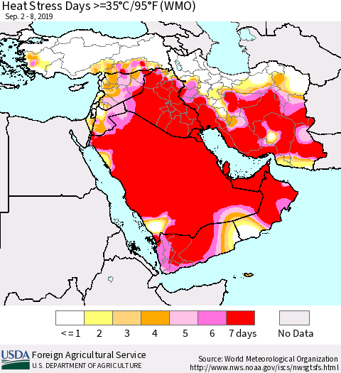 Middle East and Turkey Heat Stress Days >=35°C/95°F (WMO) Thematic Map For 9/2/2019 - 9/8/2019