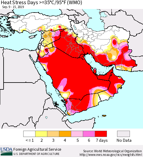 Middle East and Turkey Heat Stress Days >=35°C/95°F (WMO) Thematic Map For 9/9/2019 - 9/15/2019