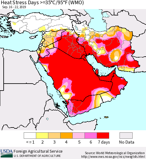 Middle East and Turkey Heat Stress Days >=35°C/95°F (WMO) Thematic Map For 9/16/2019 - 9/22/2019