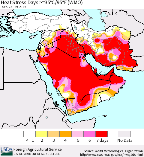 Middle East and Turkey Heat Stress Days >=35°C/95°F (WMO) Thematic Map For 9/23/2019 - 9/29/2019