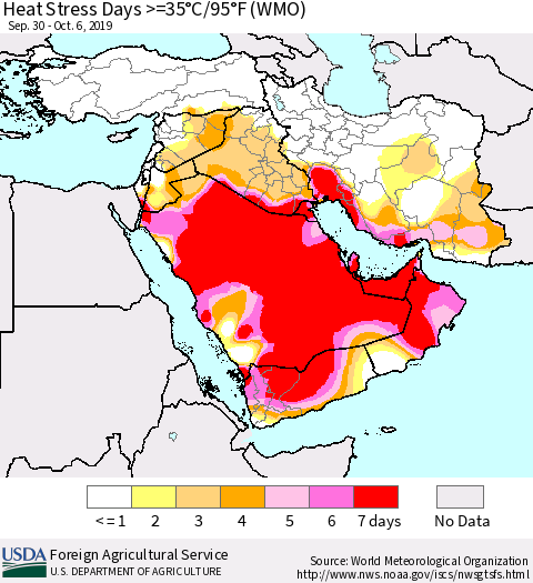 Middle East and Turkey Heat Stress Days >=35°C/95°F (WMO) Thematic Map For 9/30/2019 - 10/6/2019