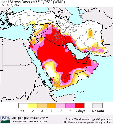 Middle East and Turkey Heat Stress Days >=35°C/95°F (WMO) Thematic Map For 10/7/2019 - 10/13/2019