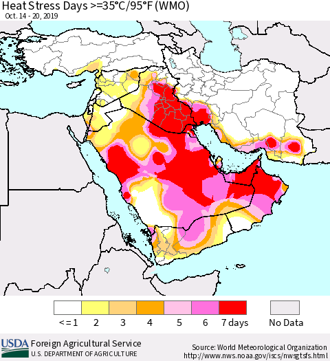 Middle East and Turkey Heat Stress Days >=35°C/95°F (WMO) Thematic Map For 10/14/2019 - 10/20/2019