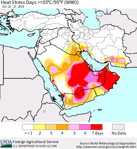 Middle East and Turkey Heat Stress Days >=35°C/95°F (WMO) Thematic Map For 10/21/2019 - 10/27/2019