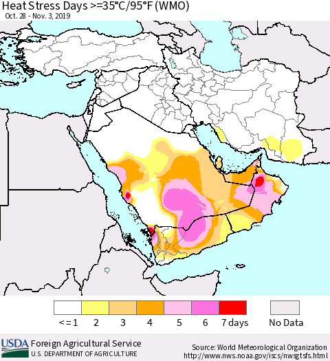 Middle East and Turkey Heat Stress Days >=35°C/95°F (WMO) Thematic Map For 10/28/2019 - 11/3/2019