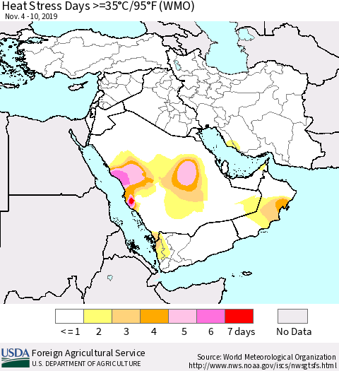 Middle East and Turkey Heat Stress Days >=35°C/95°F (WMO) Thematic Map For 11/4/2019 - 11/10/2019
