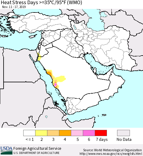 Middle East and Turkey Heat Stress Days >=35°C/95°F (WMO) Thematic Map For 11/11/2019 - 11/17/2019