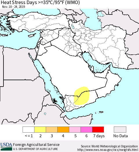Middle East and Turkey Heat Stress Days >=35°C/95°F (WMO) Thematic Map For 11/18/2019 - 11/24/2019