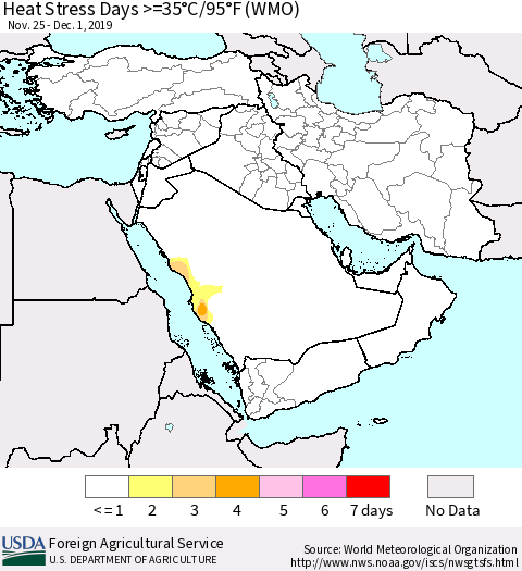 Middle East and Turkey Heat Stress Days >=35°C/95°F (WMO) Thematic Map For 11/25/2019 - 12/1/2019