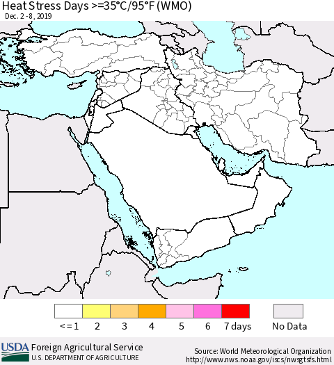 Middle East and Turkey Heat Stress Days >=35°C/95°F (WMO) Thematic Map For 12/2/2019 - 12/8/2019
