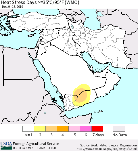 Middle East and Turkey Heat Stress Days >=35°C/95°F (WMO) Thematic Map For 12/9/2019 - 12/15/2019