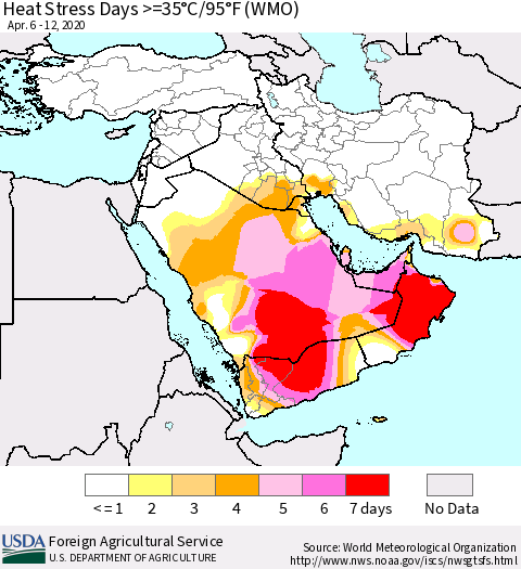 Middle East and Turkey Heat Stress Days >=35°C/95°F (WMO) Thematic Map For 4/6/2020 - 4/12/2020