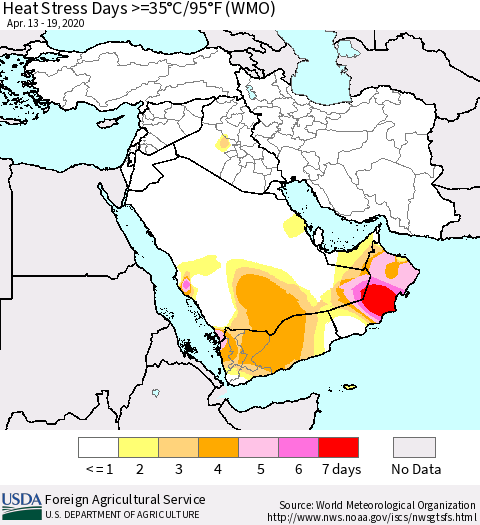 Middle East and Turkey Heat Stress Days >=35°C/95°F (WMO) Thematic Map For 4/13/2020 - 4/19/2020