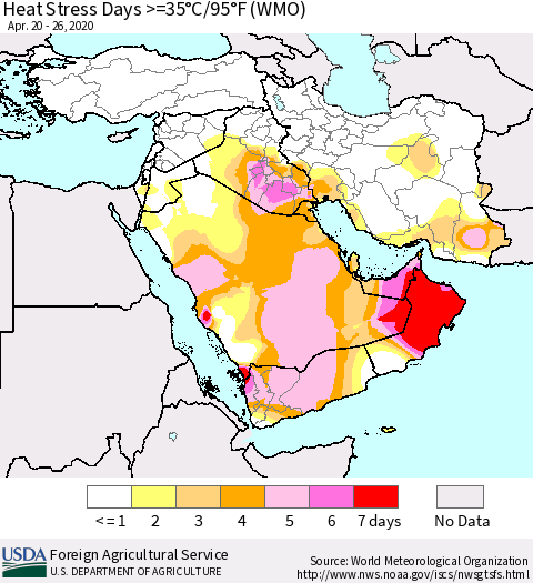Middle East and Turkey Heat Stress Days >=35°C/95°F (WMO) Thematic Map For 4/20/2020 - 4/26/2020