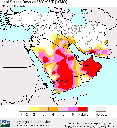 Middle East and Turkey Heat Stress Days >=35°C/95°F (WMO) Thematic Map For 4/27/2020 - 5/3/2020