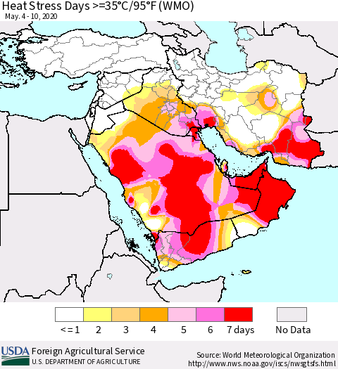 Middle East and Turkey Heat Stress Days >=35°C/95°F (WMO) Thematic Map For 5/4/2020 - 5/10/2020