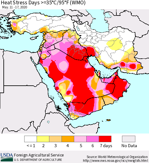 Middle East and Turkey Heat Stress Days >=35°C/95°F (WMO) Thematic Map For 5/11/2020 - 5/17/2020