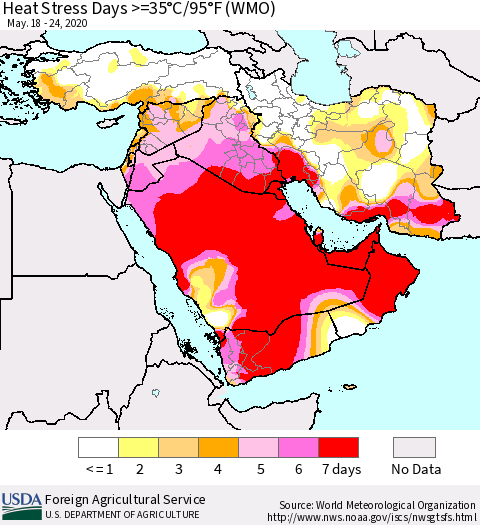 Middle East and Turkey Heat Stress Days >=35°C/95°F (WMO) Thematic Map For 5/18/2020 - 5/24/2020