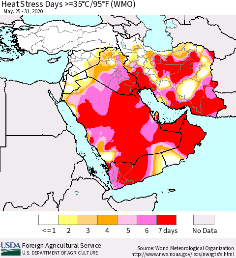 Middle East and Turkey Heat Stress Days >=35°C/95°F (WMO) Thematic Map For 5/25/2020 - 5/31/2020
