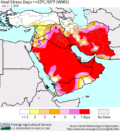 Middle East and Turkey Heat Stress Days >=35°C/95°F (WMO) Thematic Map For 6/1/2020 - 6/7/2020