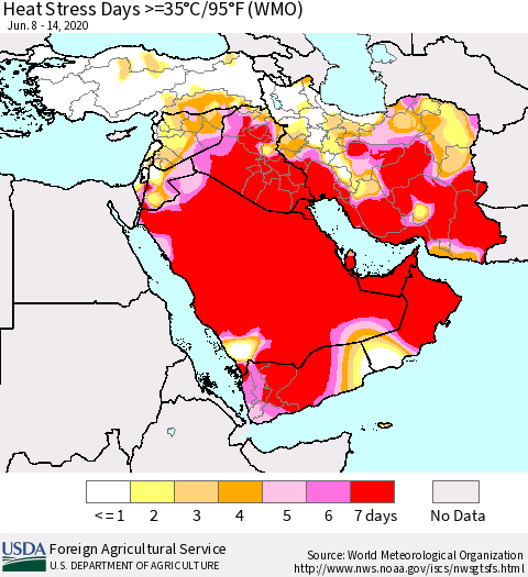 Middle East and Turkey Heat Stress Days >=35°C/95°F (WMO) Thematic Map For 6/8/2020 - 6/14/2020