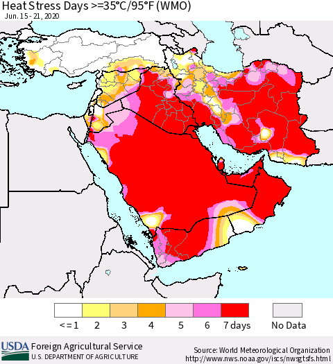 Middle East and Turkey Heat Stress Days >=35°C/95°F (WMO) Thematic Map For 6/15/2020 - 6/21/2020