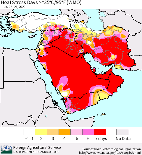 Middle East and Turkey Heat Stress Days >=35°C/95°F (WMO) Thematic Map For 6/22/2020 - 6/28/2020