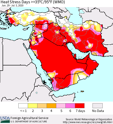 Middle East and Turkey Heat Stress Days >=35°C/95°F (WMO) Thematic Map For 6/29/2020 - 7/5/2020