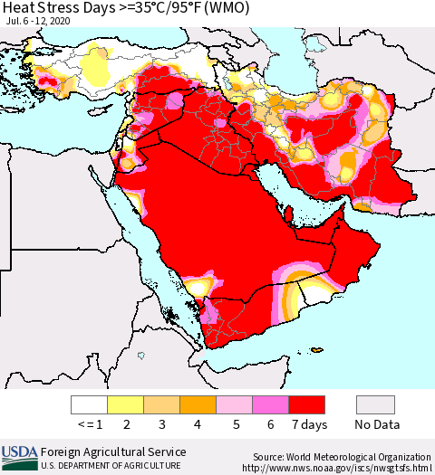 Middle East and Turkey Heat Stress Days >=35°C/95°F (WMO) Thematic Map For 7/6/2020 - 7/12/2020