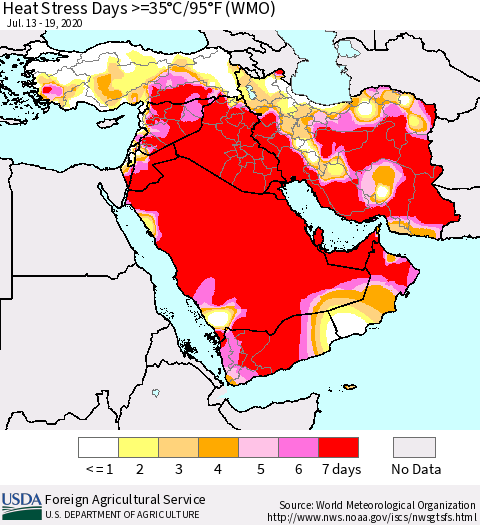 Middle East and Turkey Heat Stress Days >=35°C/95°F (WMO) Thematic Map For 7/13/2020 - 7/19/2020