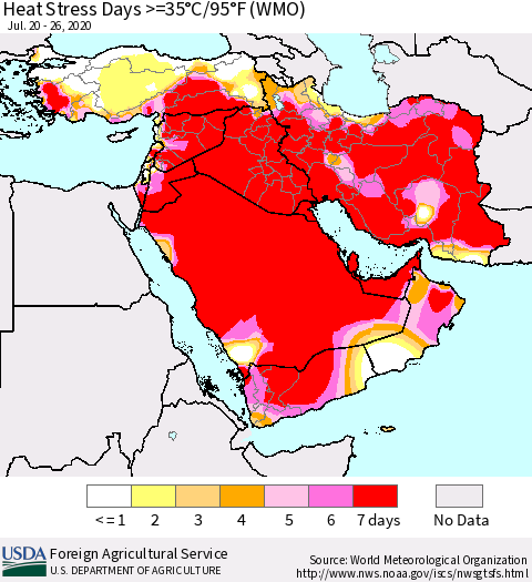 Middle East and Turkey Heat Stress Days >=35°C/95°F (WMO) Thematic Map For 7/20/2020 - 7/26/2020