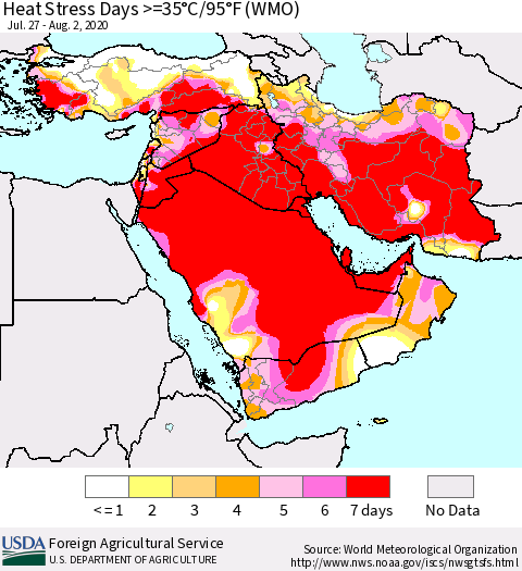 Middle East and Turkey Heat Stress Days >=35°C/95°F (WMO) Thematic Map For 7/27/2020 - 8/2/2020
