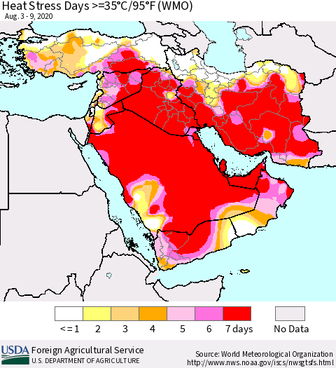 Middle East and Turkey Heat Stress Days >=35°C/95°F (WMO) Thematic Map For 8/3/2020 - 8/9/2020