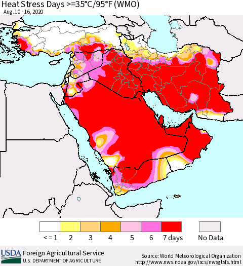 Middle East and Turkey Heat Stress Days >=35°C/95°F (WMO) Thematic Map For 8/10/2020 - 8/16/2020