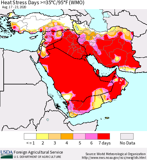 Middle East and Turkey Heat Stress Days >=35°C/95°F (WMO) Thematic Map For 8/17/2020 - 8/23/2020