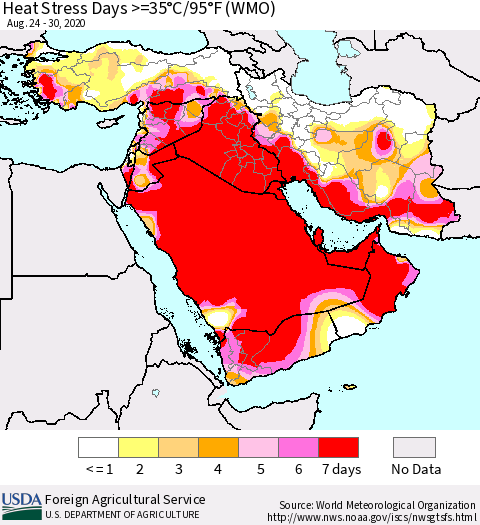 Middle East and Turkey Heat Stress Days >=35°C/95°F (WMO) Thematic Map For 8/24/2020 - 8/30/2020