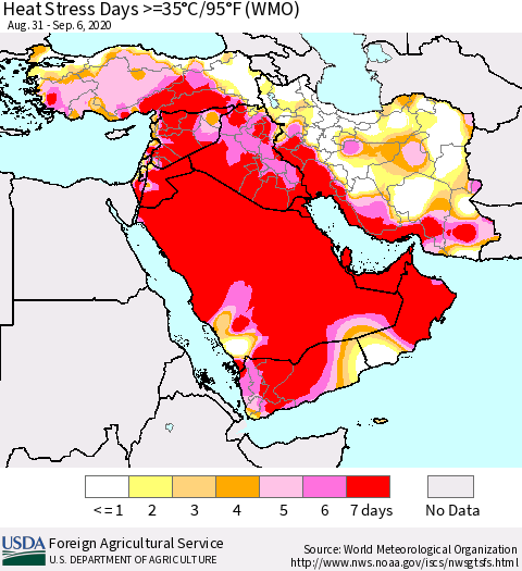 Middle East and Turkey Heat Stress Days >=35°C/95°F (WMO) Thematic Map For 8/31/2020 - 9/6/2020