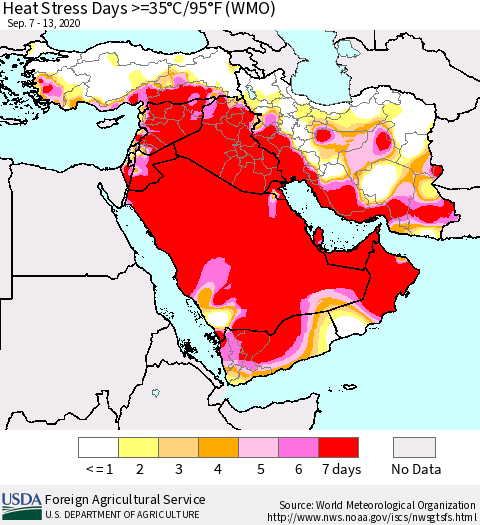 Middle East and Turkey Heat Stress Days >=35°C/95°F (WMO) Thematic Map For 9/7/2020 - 9/13/2020