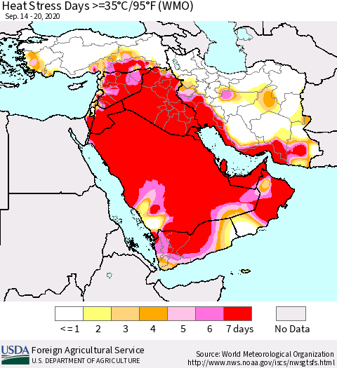 Middle East and Turkey Heat Stress Days >=35°C/95°F (WMO) Thematic Map For 9/14/2020 - 9/20/2020