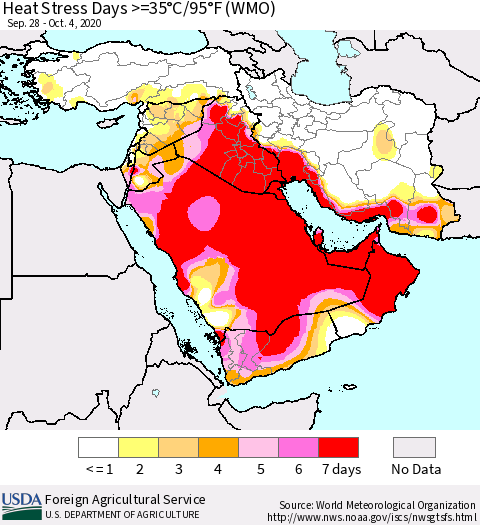 Middle East and Turkey Heat Stress Days >=35°C/95°F (WMO) Thematic Map For 9/28/2020 - 10/4/2020