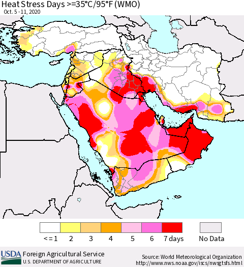Middle East and Turkey Heat Stress Days >=35°C/95°F (WMO) Thematic Map For 10/5/2020 - 10/11/2020