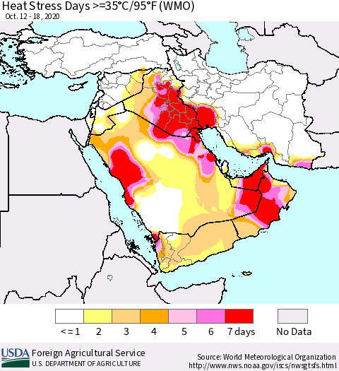 Middle East and Turkey Heat Stress Days >=35°C/95°F (WMO) Thematic Map For 10/12/2020 - 10/18/2020