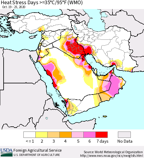 Middle East and Turkey Heat Stress Days >=35°C/95°F (WMO) Thematic Map For 10/19/2020 - 10/25/2020