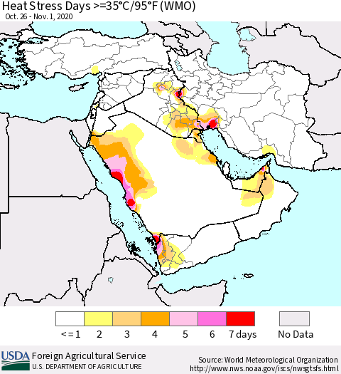 Middle East and Turkey Heat Stress Days >=35°C/95°F (WMO) Thematic Map For 10/26/2020 - 11/1/2020