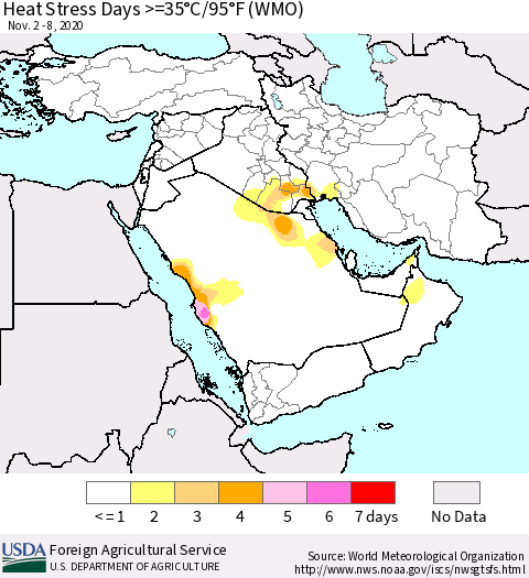 Middle East and Turkey Heat Stress Days >=35°C/95°F (WMO) Thematic Map For 11/2/2020 - 11/8/2020