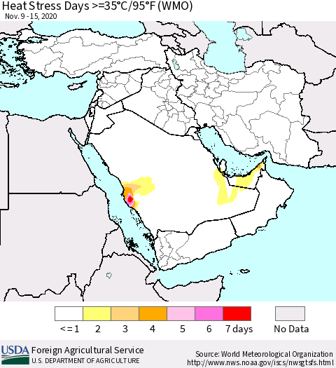 Middle East and Turkey Heat Stress Days >=35°C/95°F (WMO) Thematic Map For 11/9/2020 - 11/15/2020