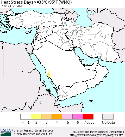 Middle East and Turkey Heat Stress Days >=35°C/95°F (WMO) Thematic Map For 11/23/2020 - 11/29/2020