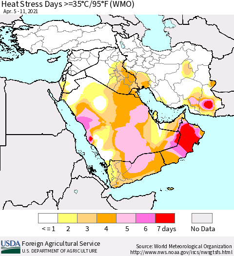Middle East and Turkey Heat Stress Days >=35°C/95°F (WMO) Thematic Map For 4/5/2021 - 4/11/2021