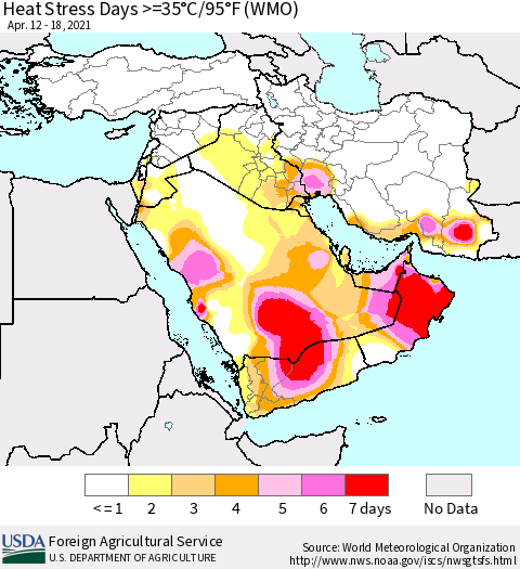 Middle East and Turkey Heat Stress Days >=35°C/95°F (WMO) Thematic Map For 4/12/2021 - 4/18/2021