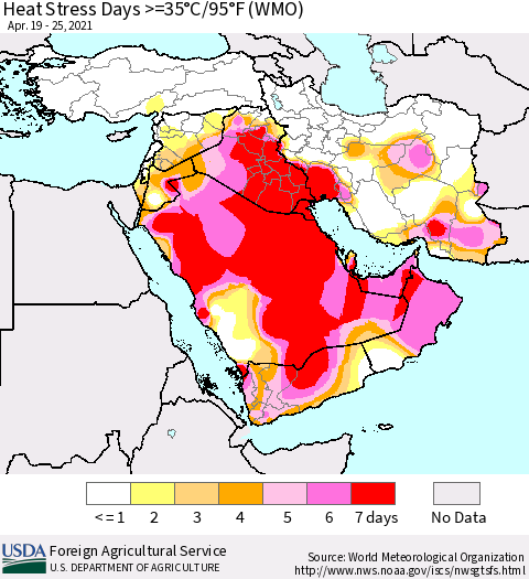 Middle East and Turkey Heat Stress Days >=35°C/95°F (WMO) Thematic Map For 4/19/2021 - 4/25/2021